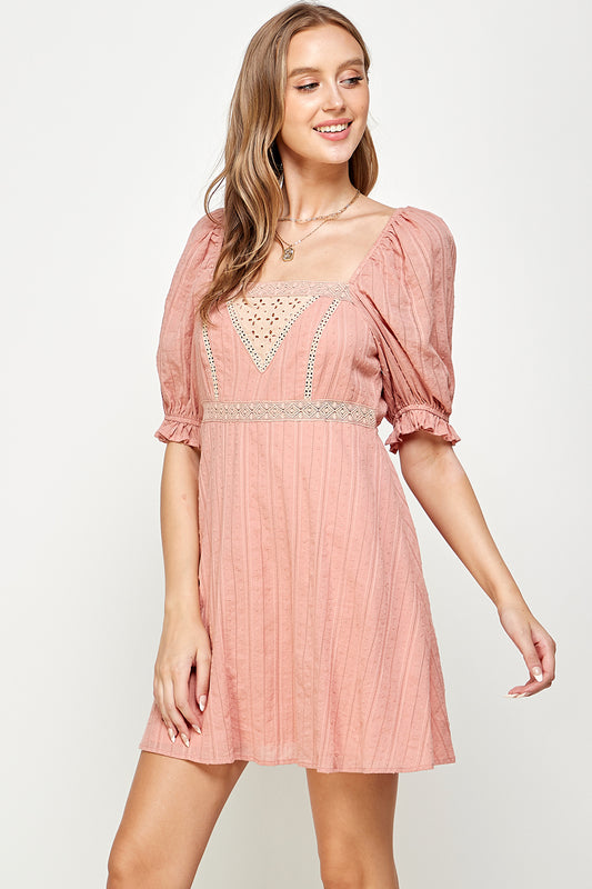 Lace insert cotton mini dress w/puff sleeves
