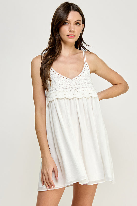 Boho Breeze Crochet-Trimmed Mini Dress - YD1128EJ