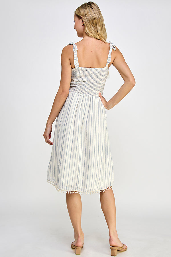 Striped Smocked Tie-Shoulder Midi Dress - YD1198BJT