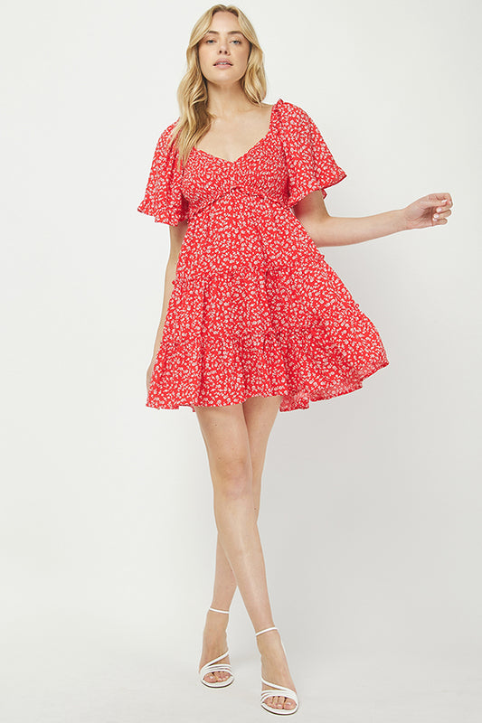 Yura Red Ditsy Floral Babydoll Dress