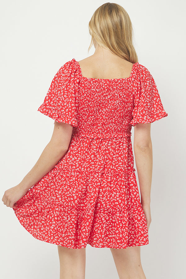 Yura Red Ditsy Floral Babydoll Dress