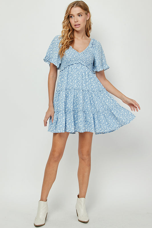 YURA LIGHT BLUE DITSY FLORAL BABYDOLL DRESS