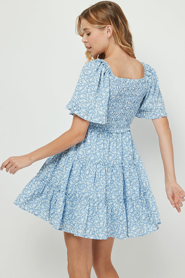 YURA LIGHT BLUE DITSY FLORAL BABYDOLL DRESS