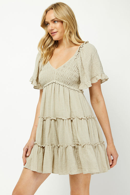 Yura Women's Solid Smocked Short Sleeve Mini Dress - YD1253KJ