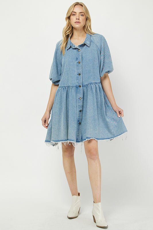 Denim Mini Shirt Dress with Button Front - YD1351BJ