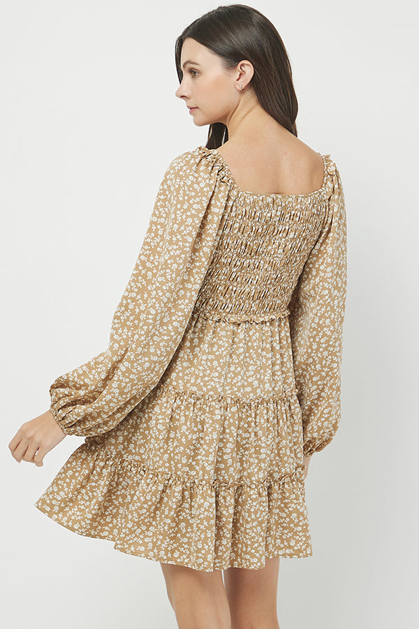 Golden Meadow Smocked Floral Mini Dress - YD1352KJ