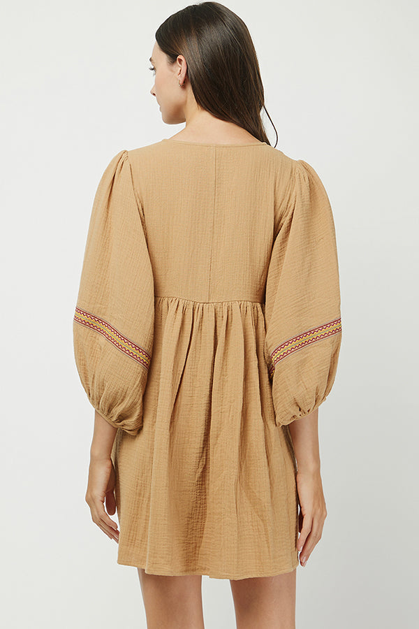 Camel Embroidered Babydoll Tunic Dress - YD1368BJ
