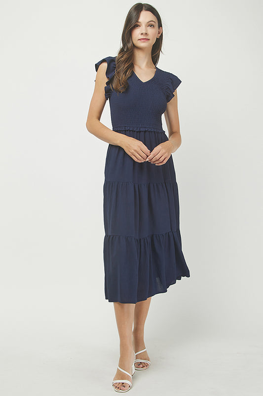 Navy Smocked Tiered Midi Dress - YD1382BJ