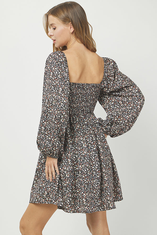 Floral Puff Sleeve Smocked Dress - YD1466BJ