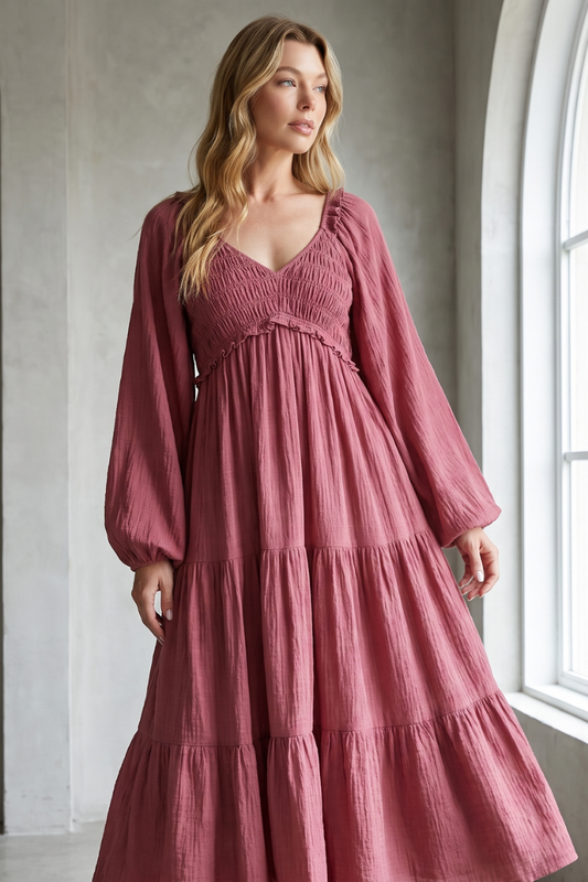 Boho Rose Smocked Tiered Midi Dress - YD1478KJ