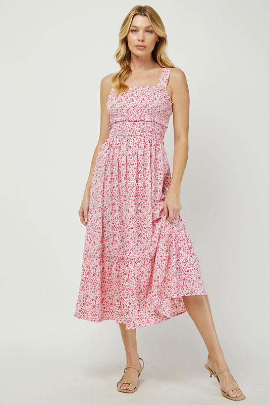 Floral Smocked Midi Dress with Back Bow Detail - YD1484BJ01
