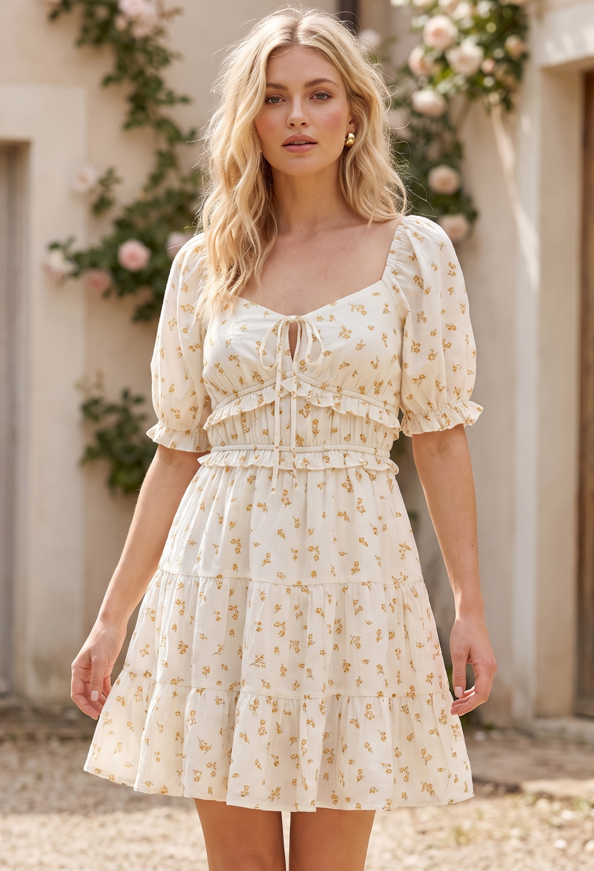 Ditsy Floral Puff Sleeve Tiered Mini Dress - YD1537KJ01