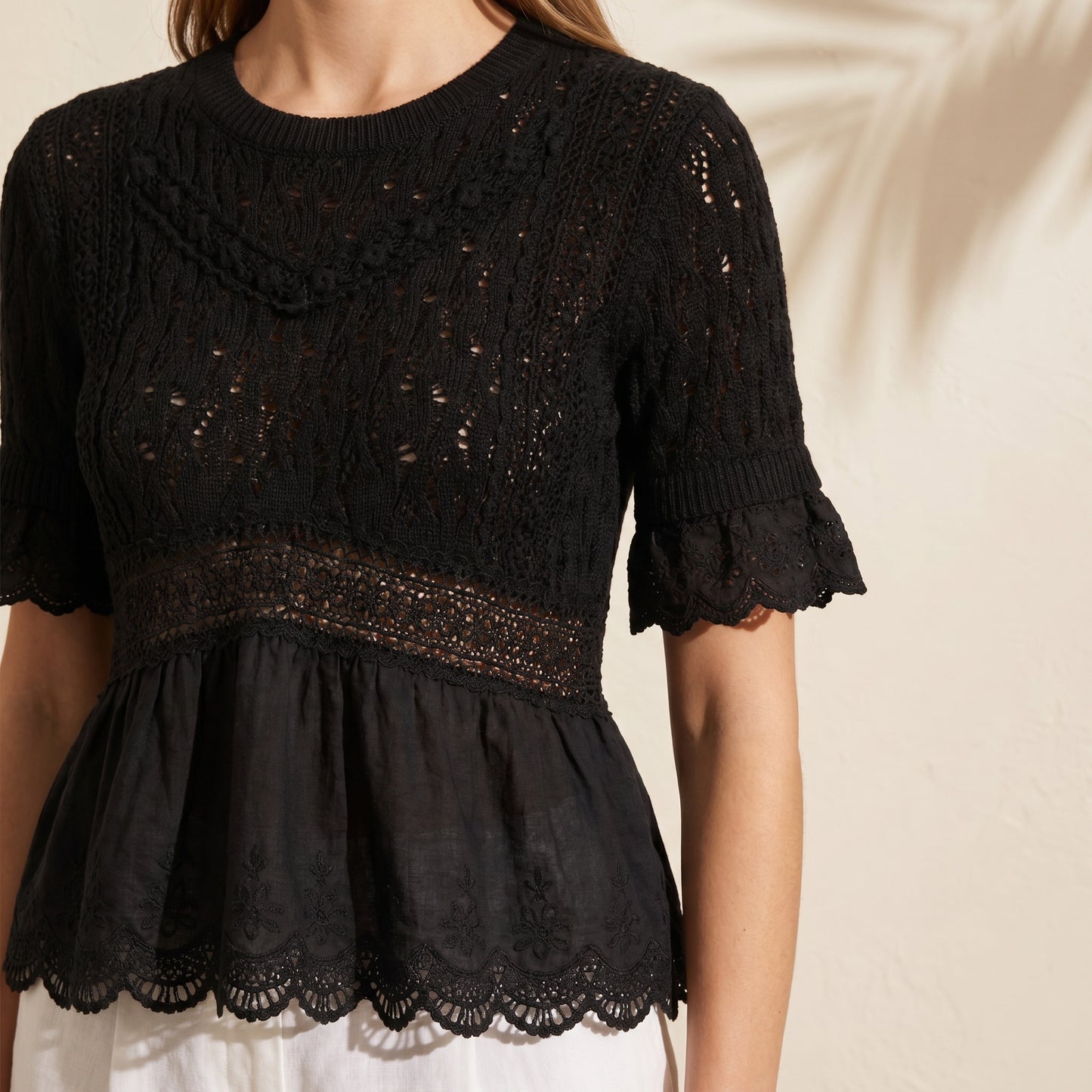 Black Crochet Knit Peplum Top - YW6075KJ