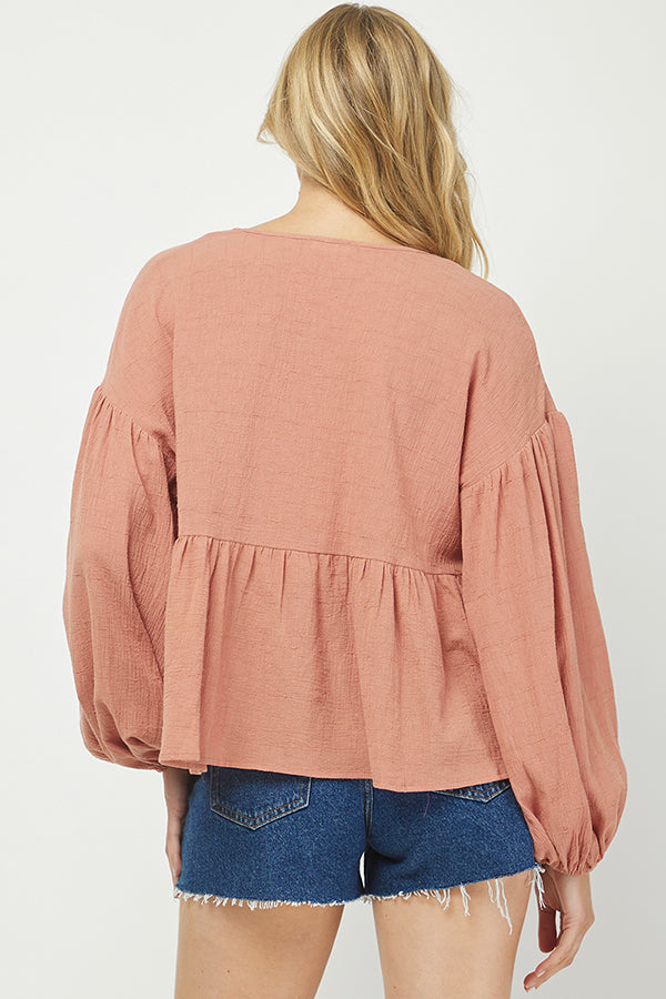 Dusty Rose Boho Lace Trim Blouse - YT3066BJ