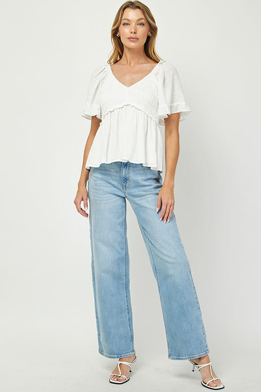 Puff Sleeve Smocked Peplum Blouse - YT3083KJ