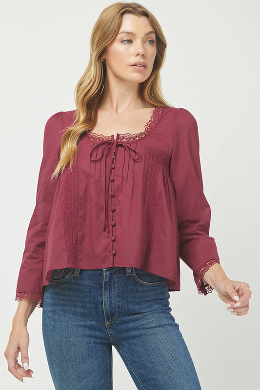 Burgundy Lace-Trim Button Front Blouse - YT3097KJ