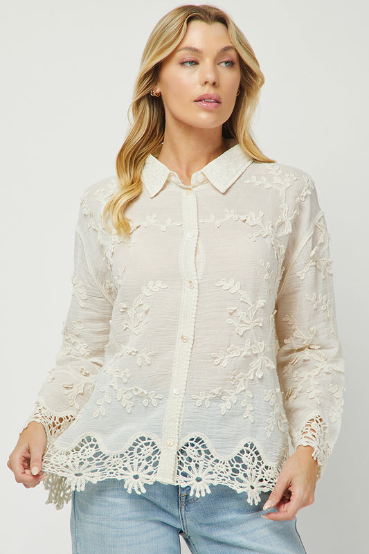 Ivory Garden Embroidered Lace Button Down Shirt - YW6095KJ