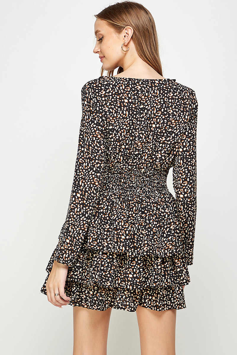 YURA Ruffle Trim Tiered Mini Dress in Animal Print