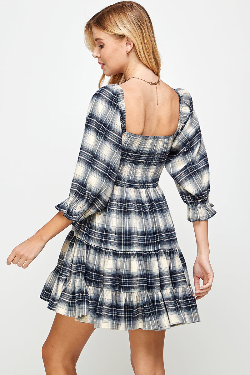 YURA Smocked Babydoll Dress in Navy Plaid