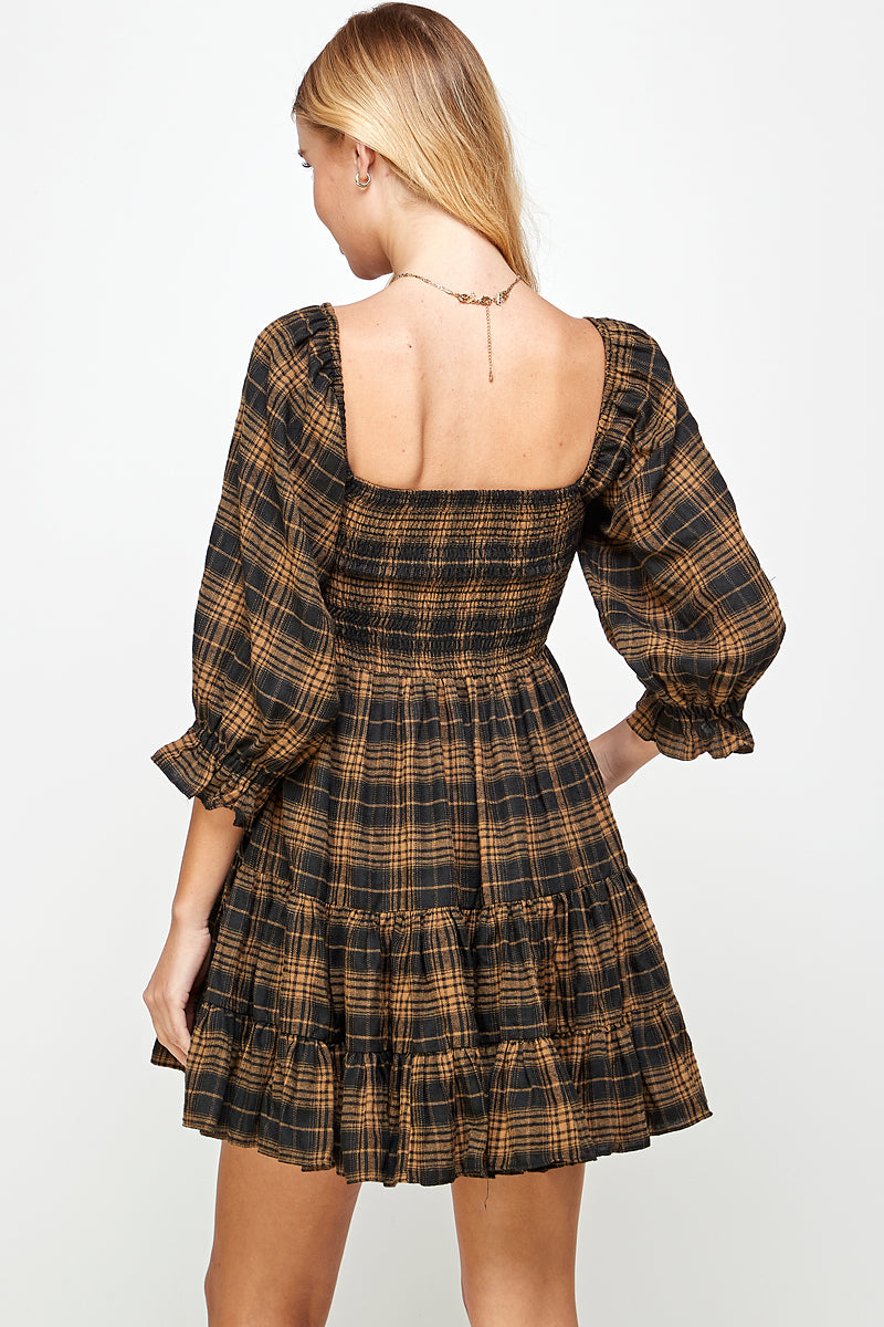 YURA Smocked Babydoll Dress in Tan Plaid