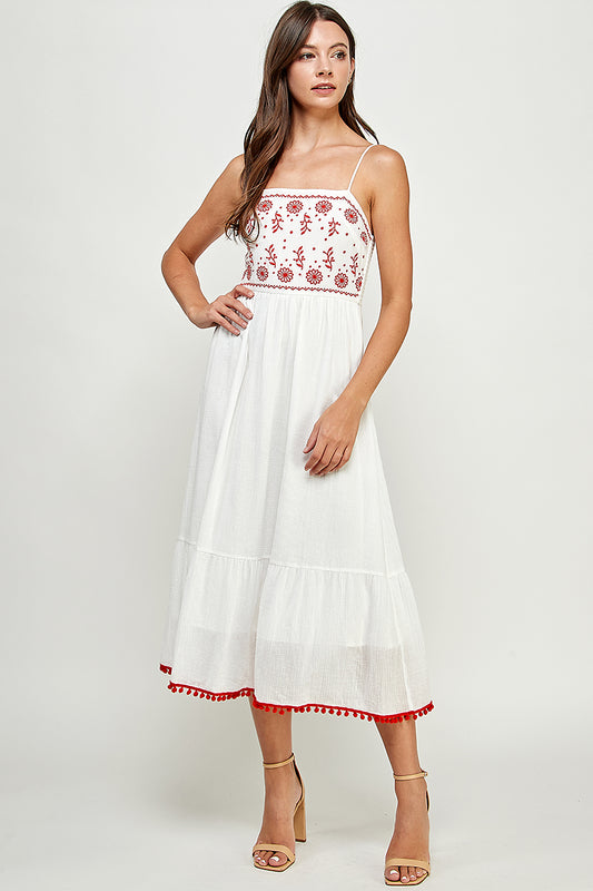 Embroidered Front Top and Smocked Back Midi Dress W/ Pompom.