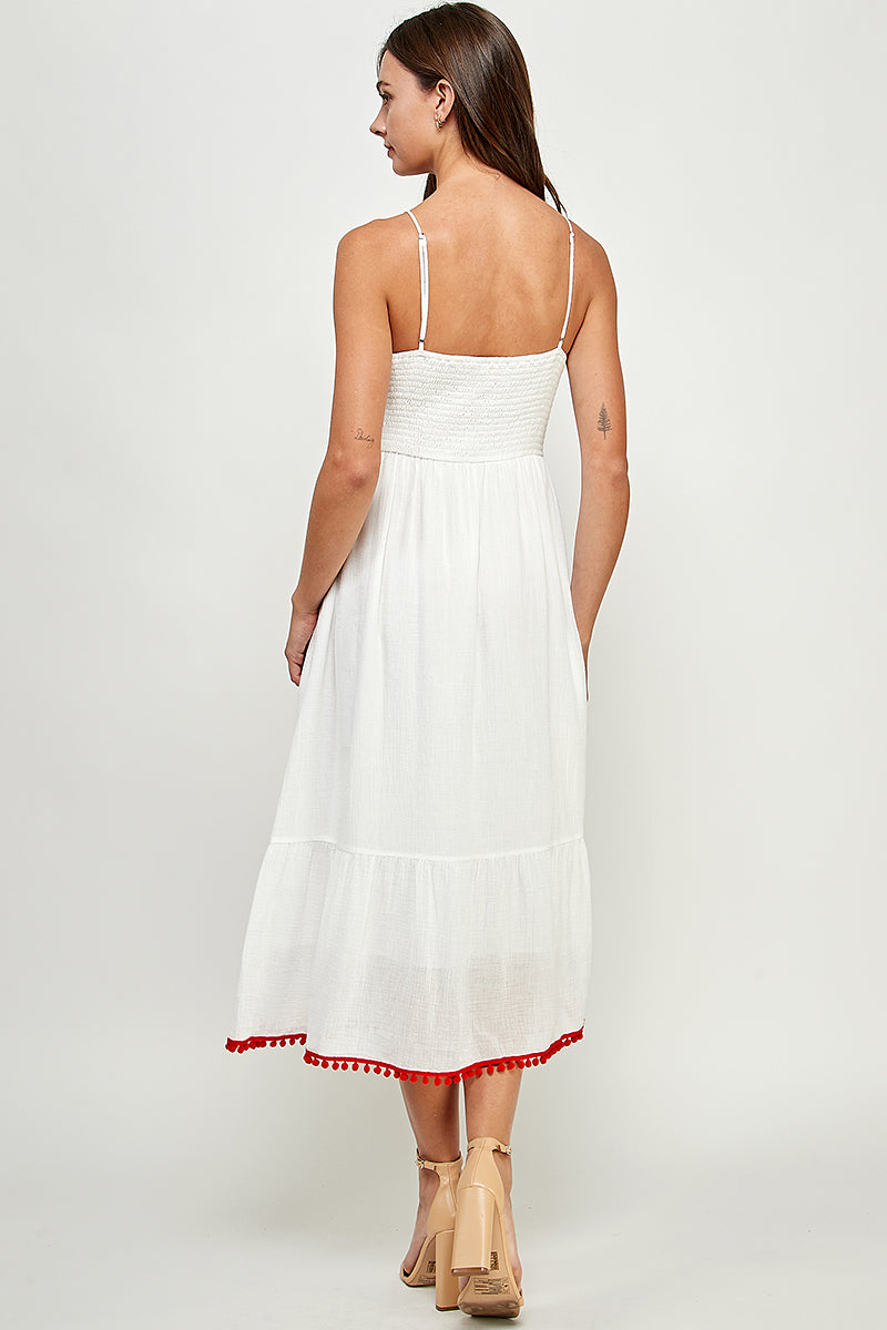 Embroidered Front Top and Smocked Back Midi Dress W/ Pompom.