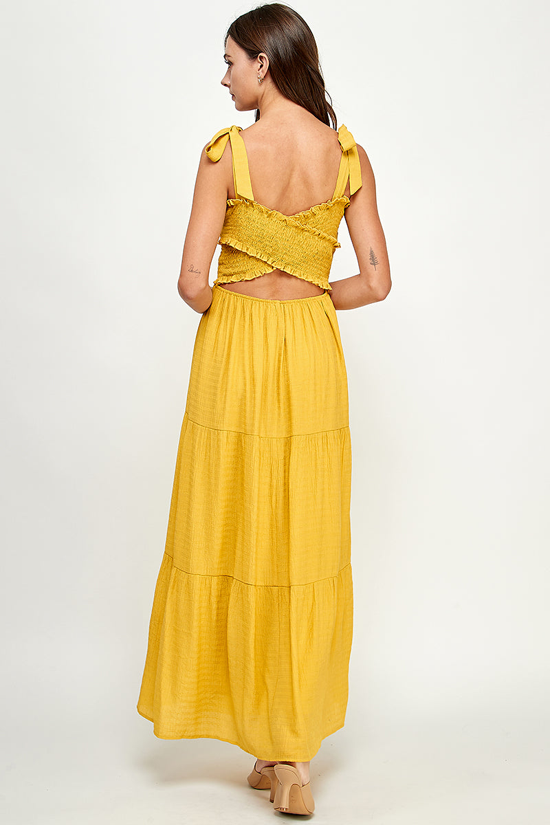 Smocked cross back maxi dress