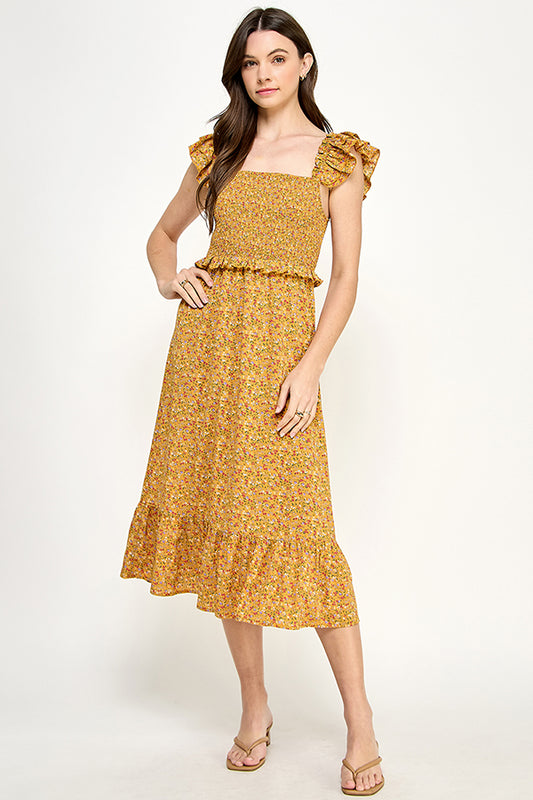 Yura Smocked top midi dress in ditsy print - YD1191BJ01