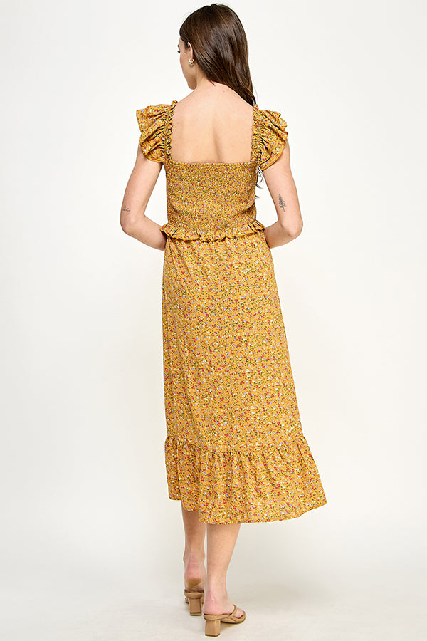 Yura Smocked top midi dress in ditsy print - YD1191BJ01