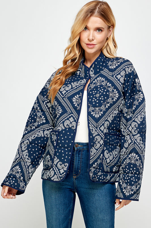 YURA Quilted Oversized Jacket in Bandana Print