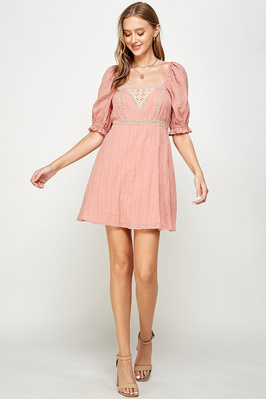 Lace insert cotton mini dress w/puff sleeves