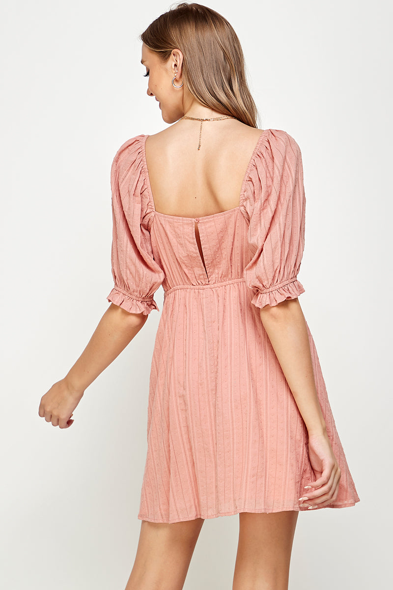 Lace insert cotton mini dress w/puff sleeves