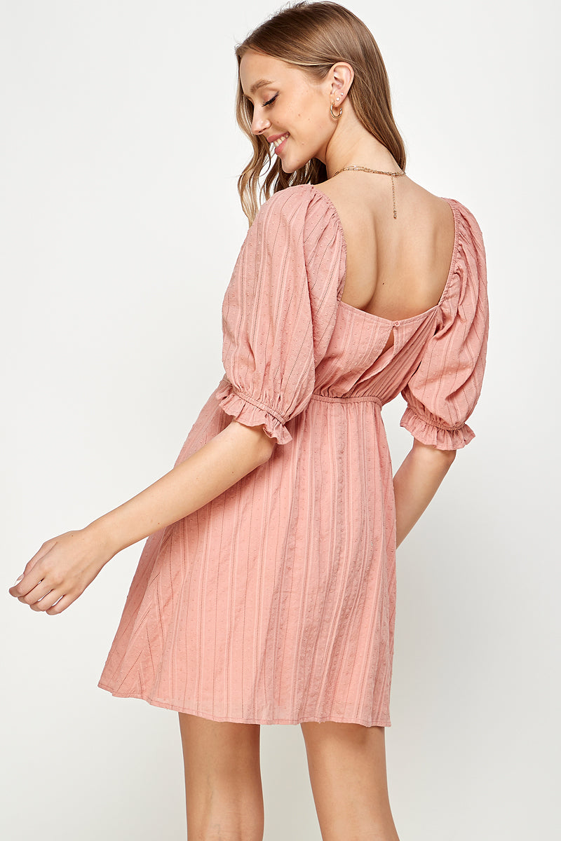 Lace insert cotton mini dress w/puff sleeves