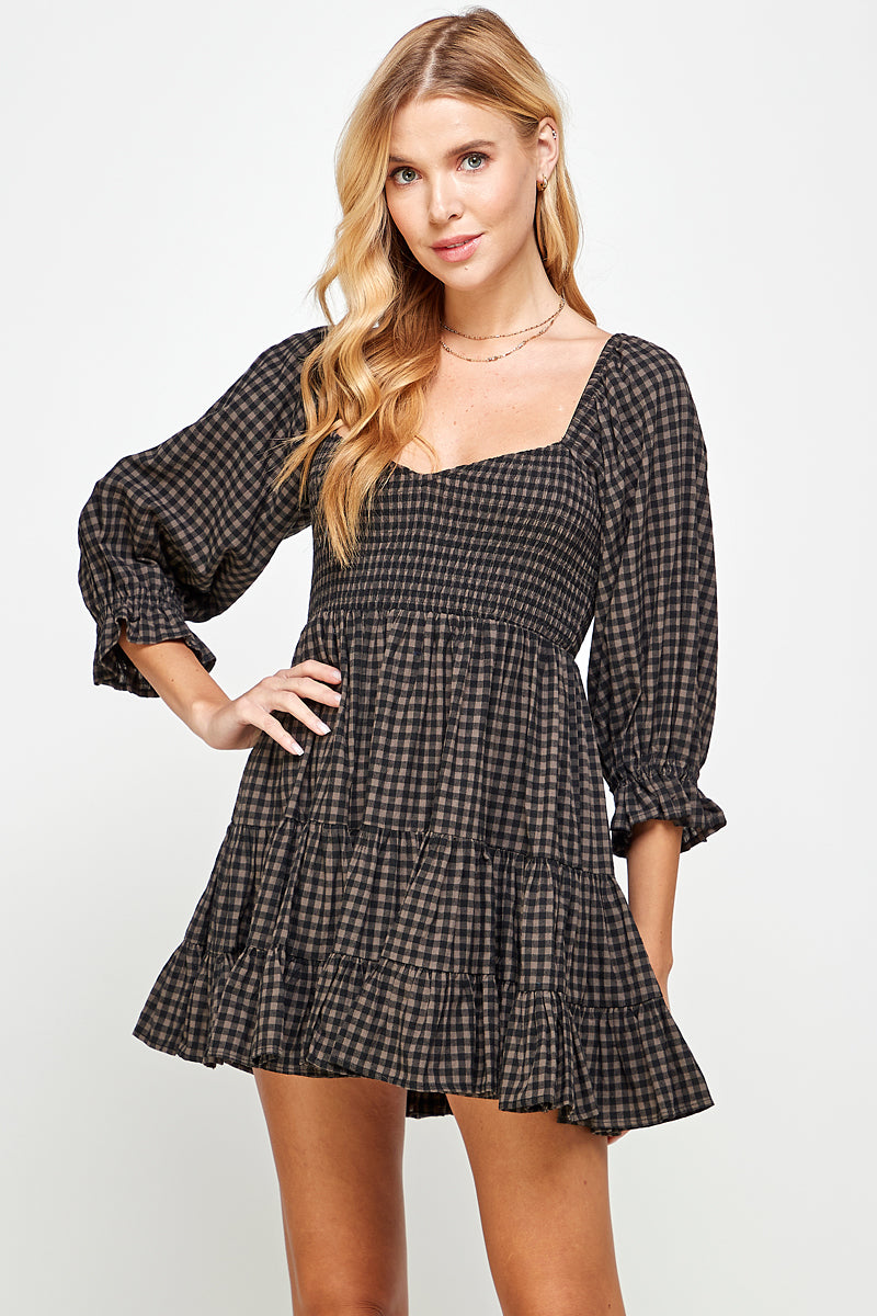 GINGHAM BABYDOLL MINI DRESS