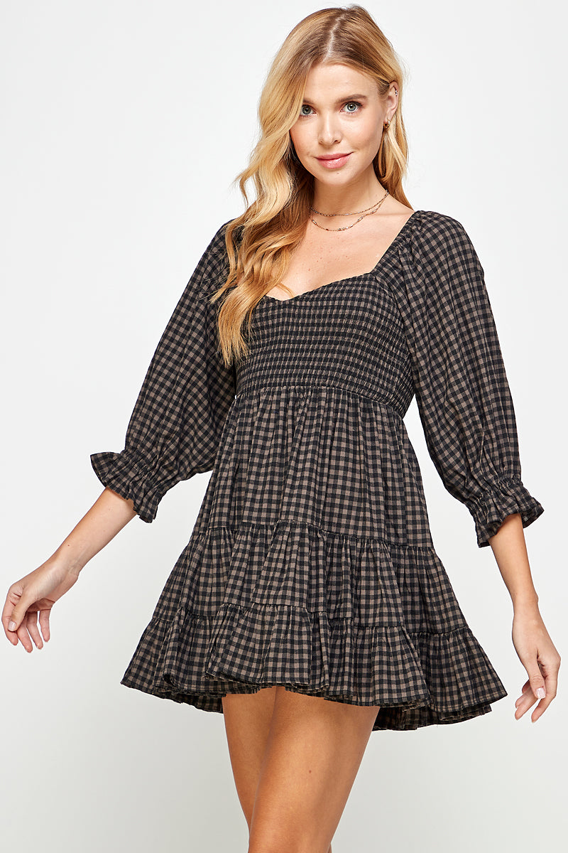 GINGHAM BABYDOLL MINI DRESS