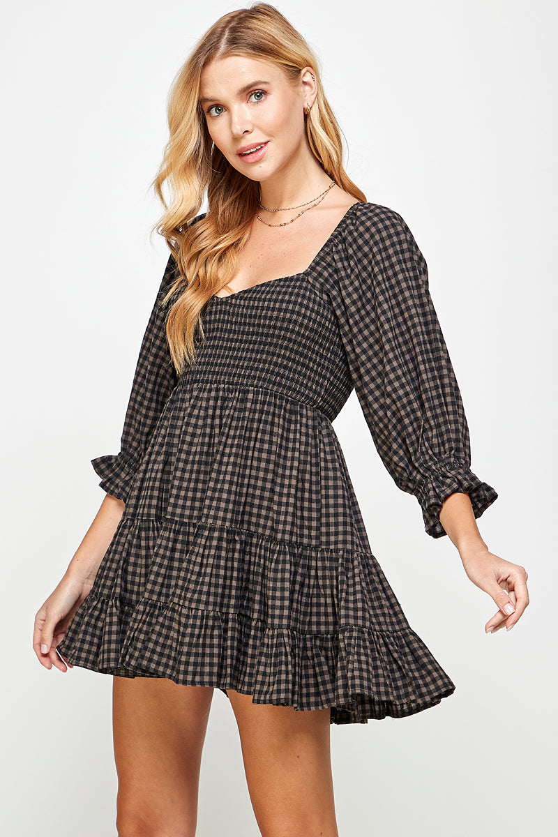 GINGHAM BABYDOLL MINI DRESS