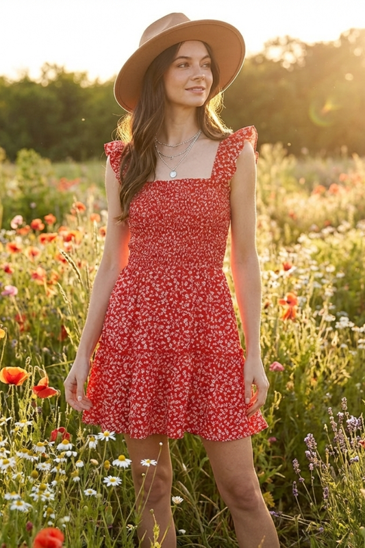 Floral Ruffle Tiered Smocked Dress - YD1187BJ