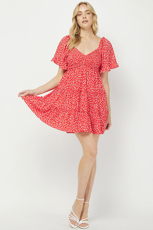 Yura Red Ditsy Floral Babydoll Dress