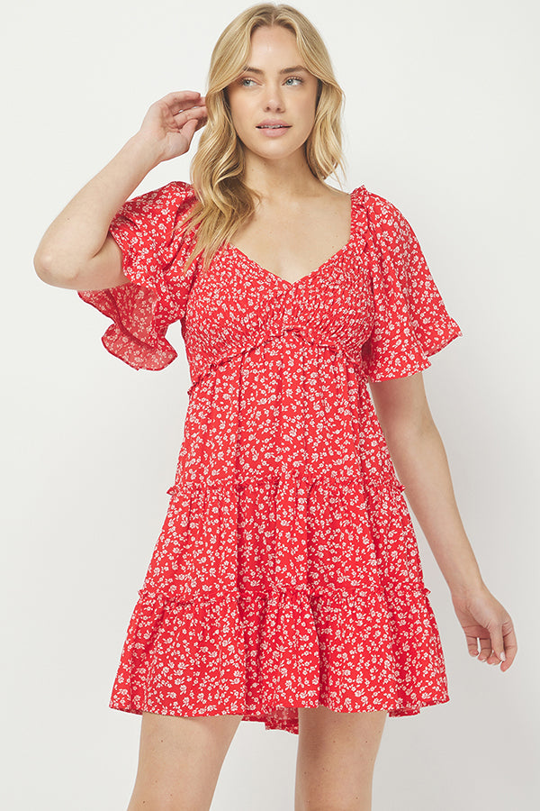 Yura Red Ditsy Floral Babydoll Dress