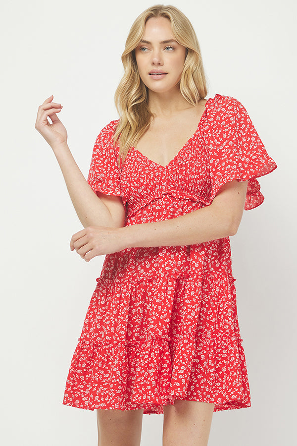 Yura Red Ditsy Floral Babydoll Dress