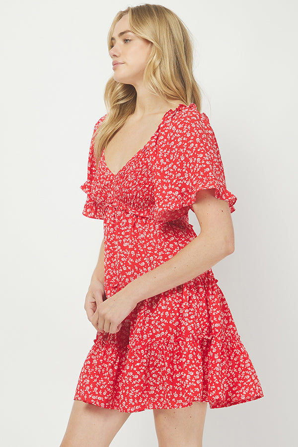 Yura Red Ditsy Floral Babydoll Dress