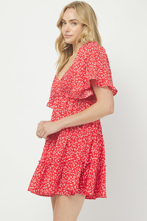 Yura Red Ditsy Floral Babydoll Dress