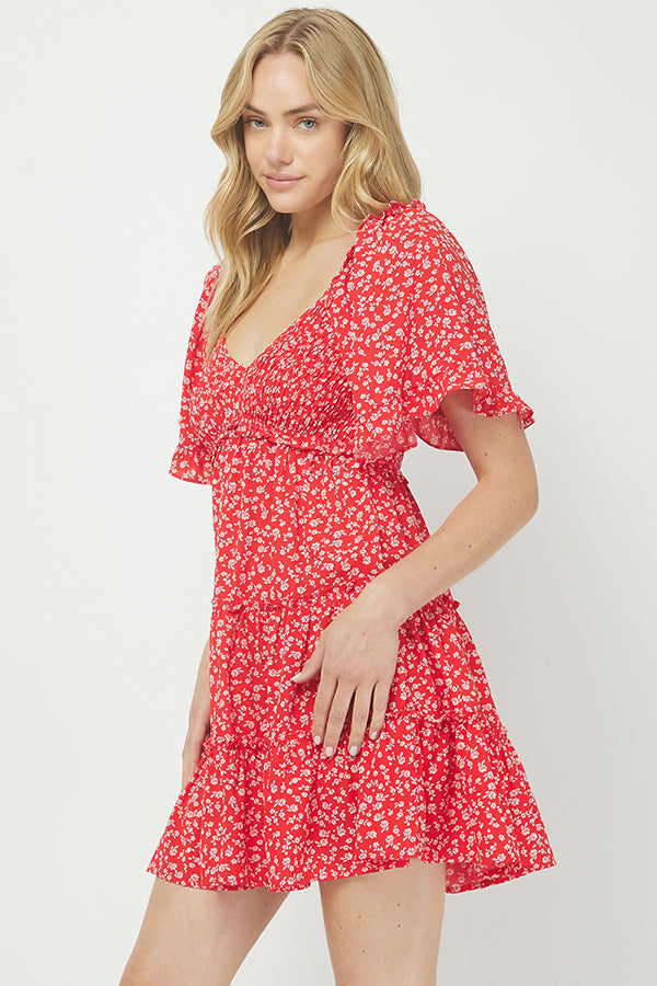Yura Red Ditsy Floral Babydoll Dress