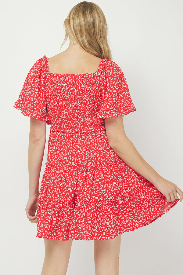 Yura Red Ditsy Floral Babydoll Dress