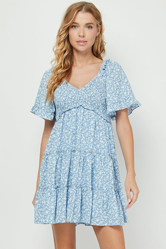 YURA LIGHT BLUE DITSY FLORAL BABYDOLL DRESS
