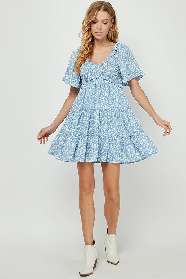 YURA LIGHT BLUE DITSY FLORAL BABYDOLL DRESS