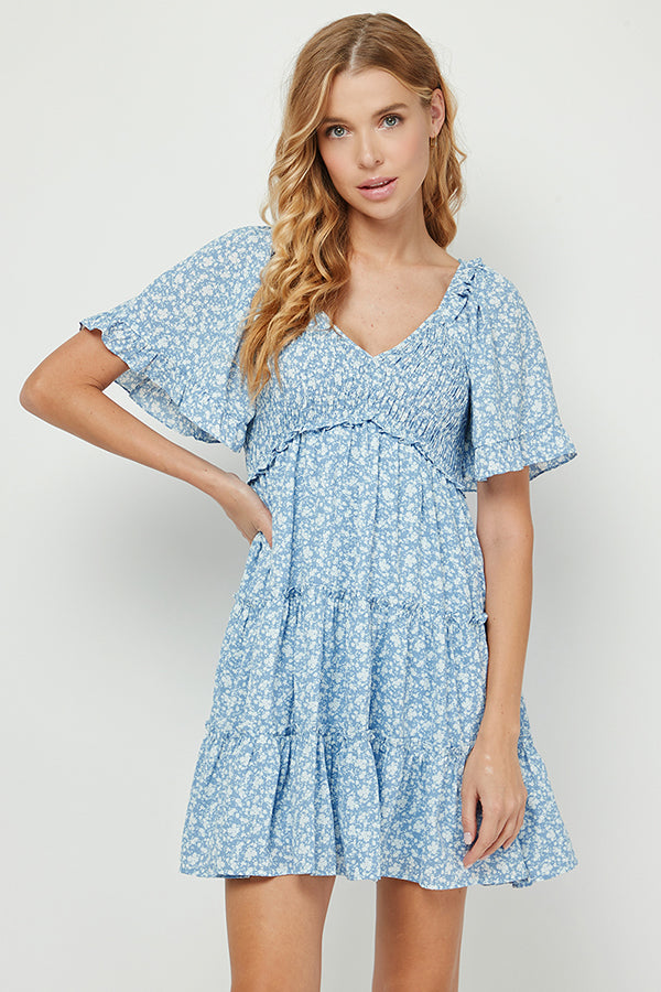 YURA LIGHT BLUE DITSY FLORAL BABYDOLL DRESS