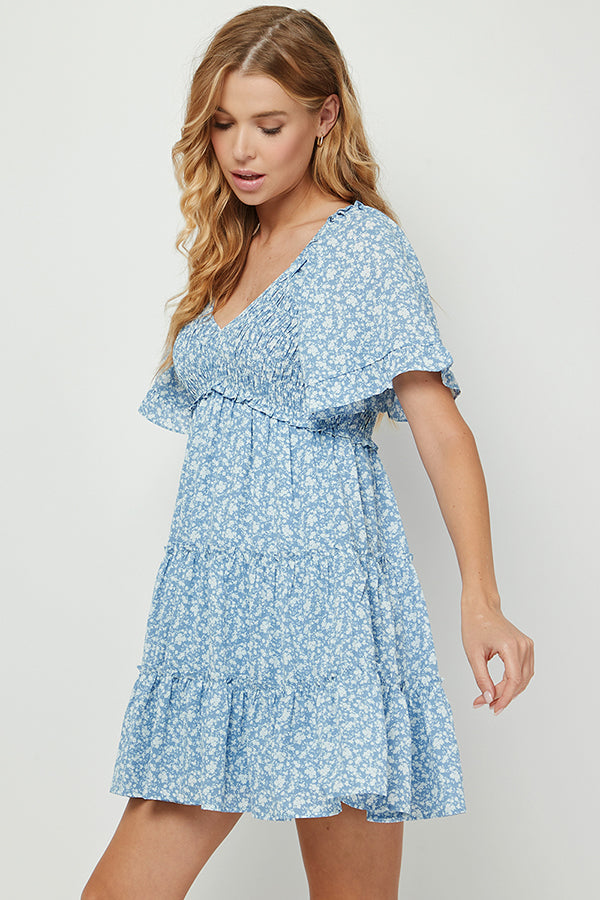 YURA LIGHT BLUE DITSY FLORAL BABYDOLL DRESS