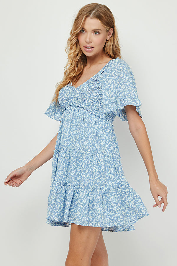 YURA LIGHT BLUE DITSY FLORAL BABYDOLL DRESS