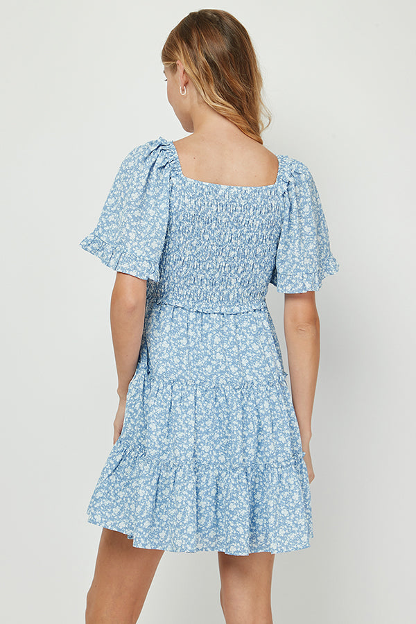 YURA LIGHT BLUE DITSY FLORAL BABYDOLL DRESS